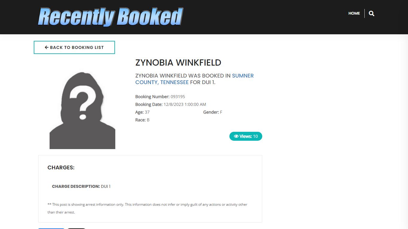Recent Booking / Mugshot for ZYNOBIA WINKFIELD in Sumner County, Tennessee